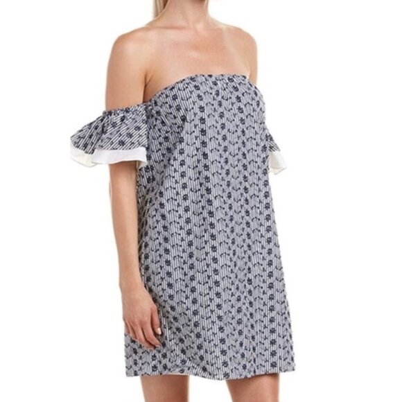 CeCe Indigo Sky Off-The-Shoulder Embroider Dress Mini Size 2 NWT - Picture 1 of 10